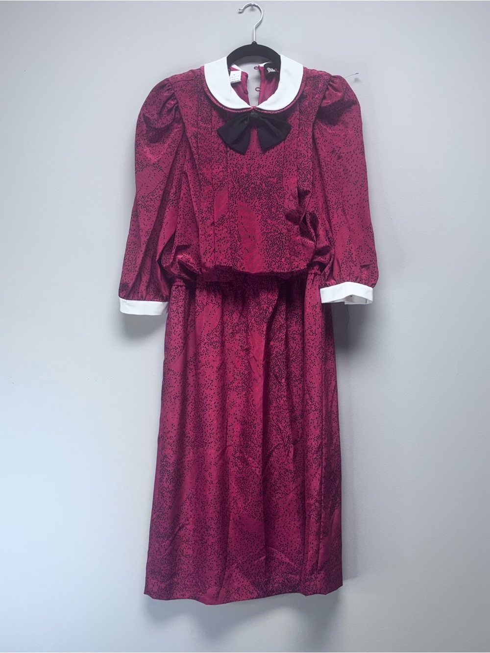 Vintage Liz Petites Inc Red Black Bow Peter Pan Collar Midi Dress Size 14